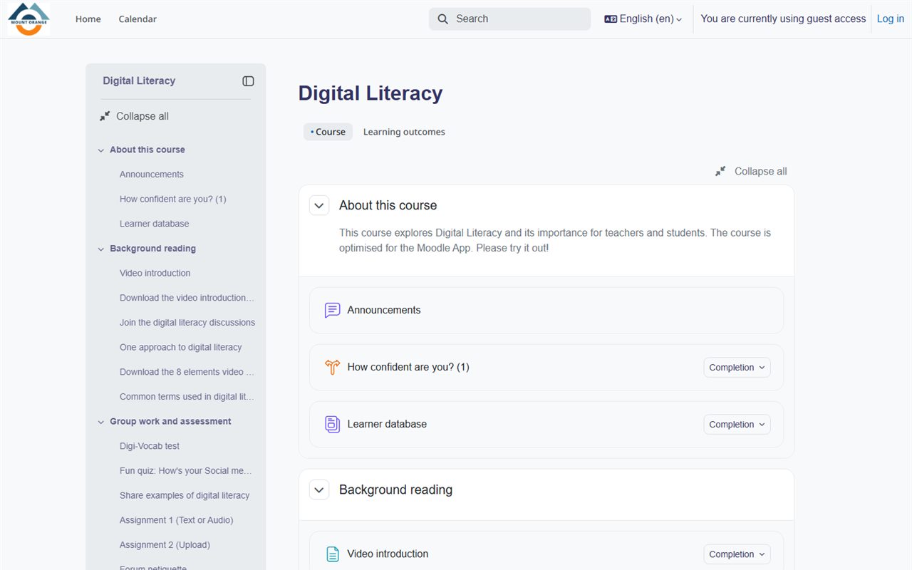 A course page in Moodle: a section list on the left, activities with completion status on the right.